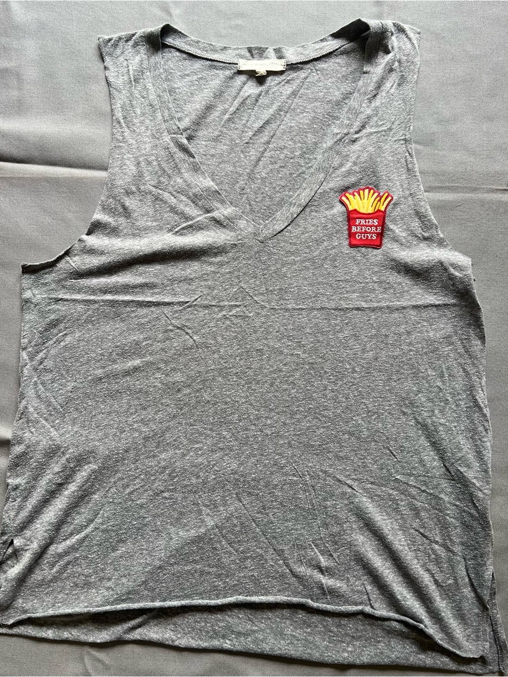 Gray V-Neck Women's Muscle Tee with 'Fries Before Guys' Patch